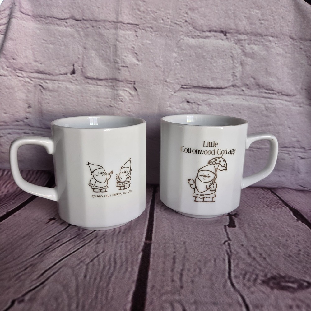 Vintage Sanrio Little Cottonwood Cottage" Ceramic Coffee Mugs Retro Gnomes White